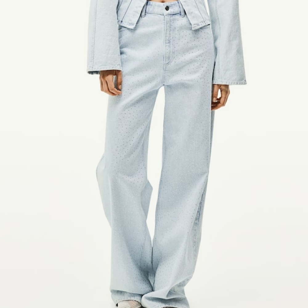 H&M RHINESTONE Embellished Denim Pants Cotton Light Denim Blue BNWT